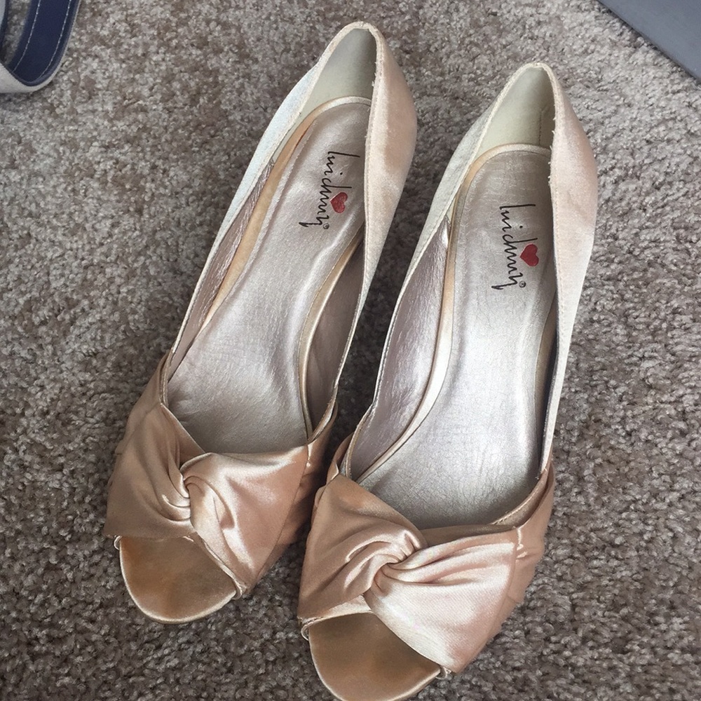 Gold peep toe satin heels